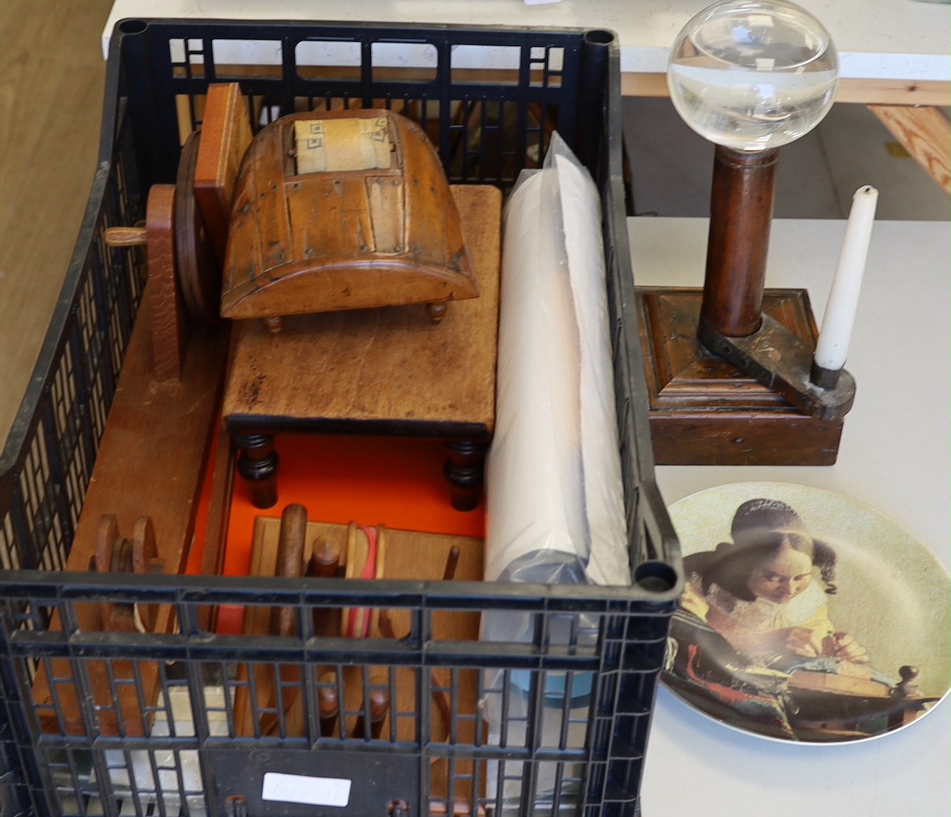 A lace maker's lamp, wooden pillow and lace maker's accessories, lamp 35cm high